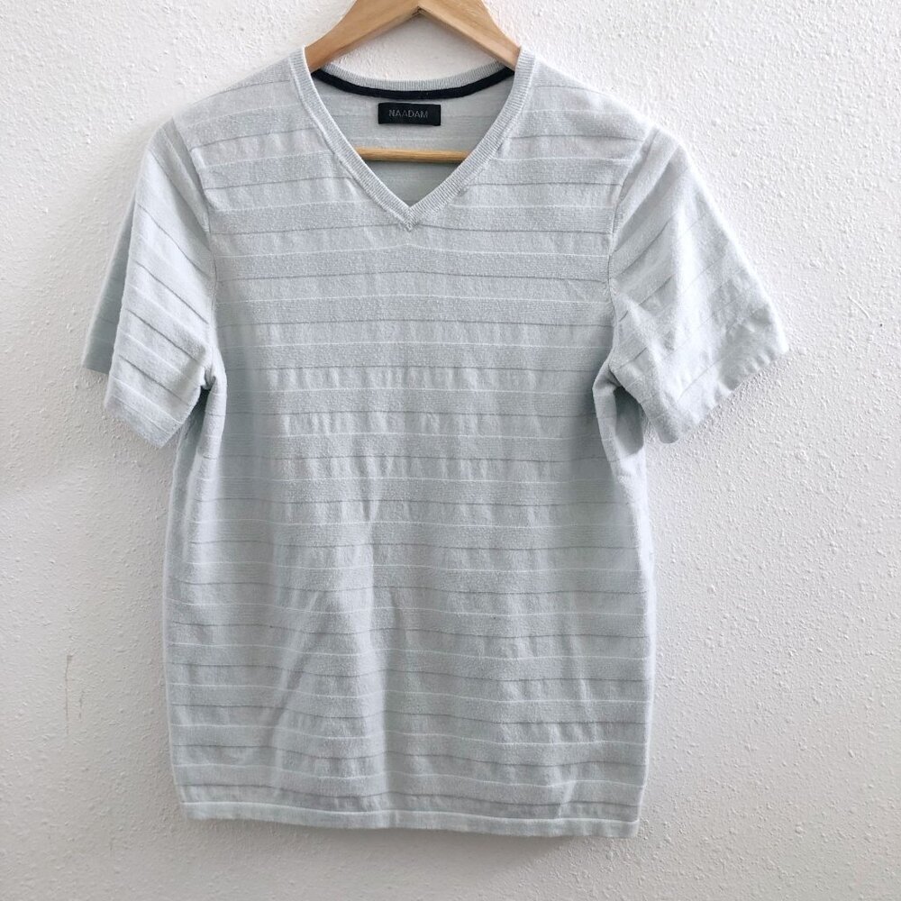 NAADAM Short Sleeve Textured Striped V-Neck Cotton Sweater Medium‎ Size